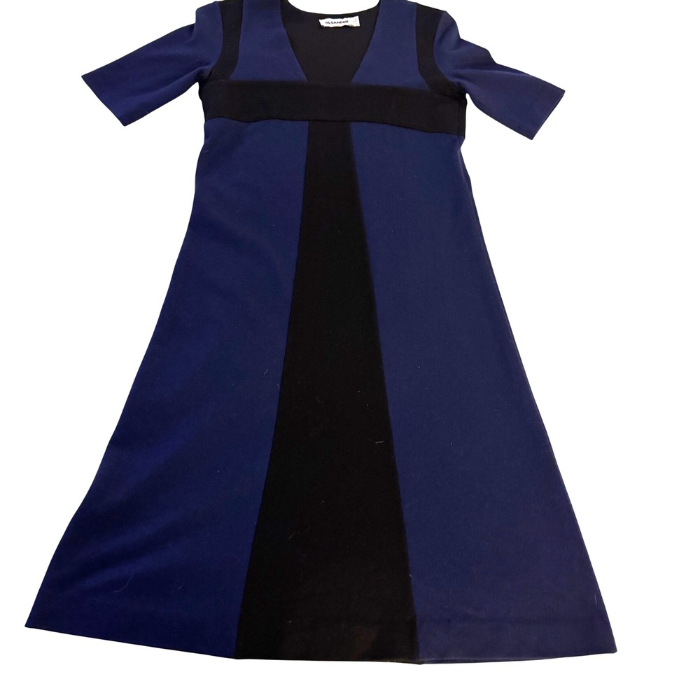 Jil Sander Navy Blue Black Colorblock V-Neck Midi Dress Made in Italy Size 34